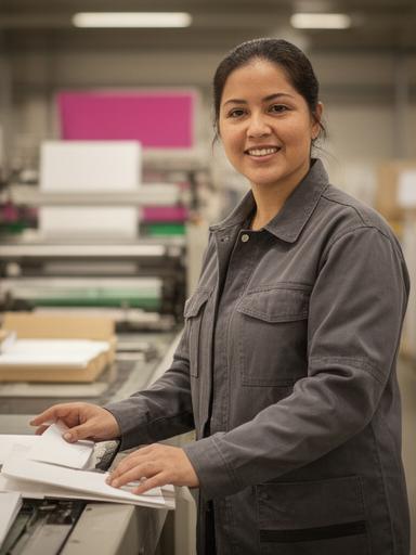 Lucía Rodríguez supervisando una línea de producción de papelería con uniforme de trabajo y planillas de control