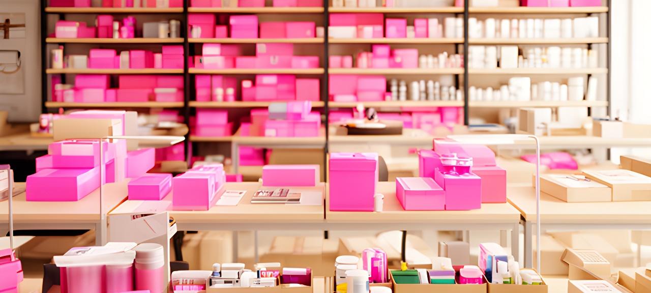 Productos de oficina ordenados sobre escritorios y estanterías en una planta luminosa con cajas y consumibles clasificados
