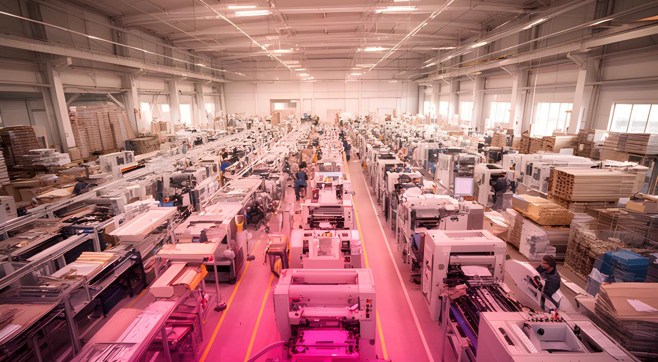 Vista panorámica de la planta de fabricación con líneas de producción ordenadas, luz natural y equipos de trabajo en funcionamiento