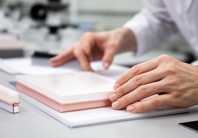 Técnica de control visual inspeccionando terminaciones de productos de oficina en una mesa de trabajo limpia