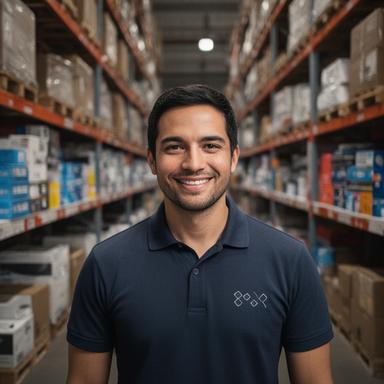 Distribuidor mayorista sonriendo en un depósito con estanterías repletas de productos de oficina y cajas etiquetadas