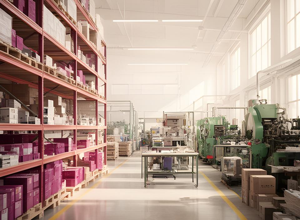 Vista amplia de las instalaciones de Albarracín & Aguirre Manufactura con estanterías ordenadas, maquinaria de producción y luz natural entrando por los ventanales