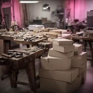 Primer taller de Albarracín & Aguirre Manufactura en González Catán con mesas de trabajo, herramientas básicas y cajas apiladas