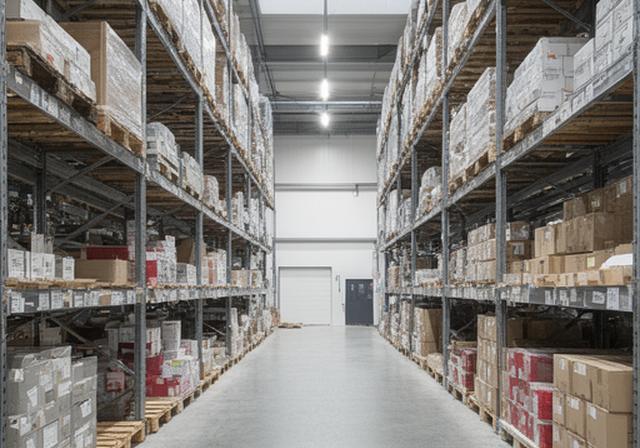 Depósito de la planta con estanterías metálicas, pallets etiquetados y pasillos amplios para circulación segura